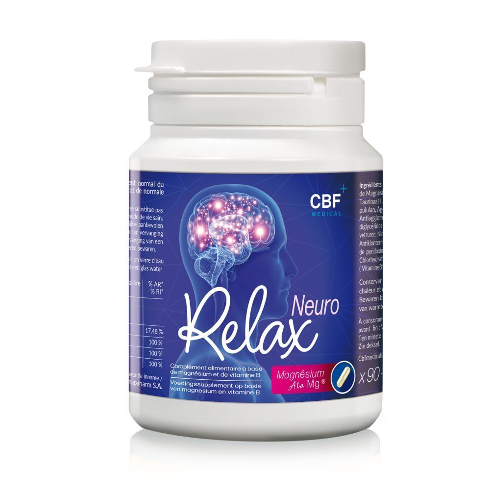 Pot de pilules avec étiquette bleue montrant un cerveau et 'Relax Neuro'.