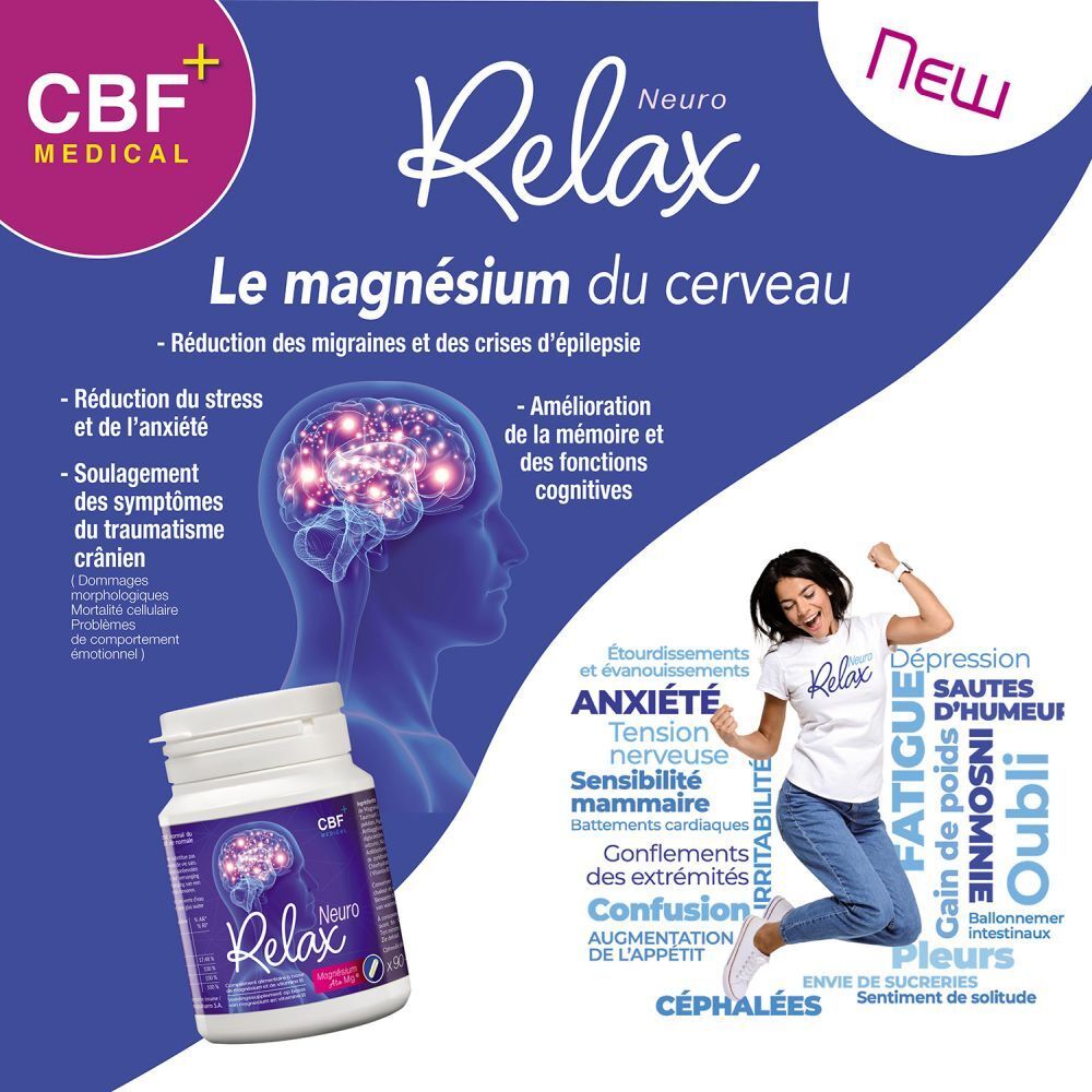Pot de pilules avec étiquette bleue montrant un cerveau et 'Relax Neuro'.
