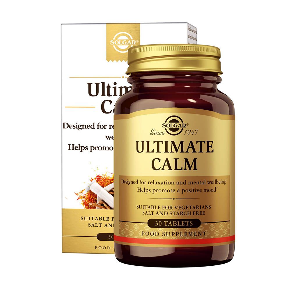 Flacon et boîte SOLGAR® Ultimate Calm. Flacon et boîte côte à côte.