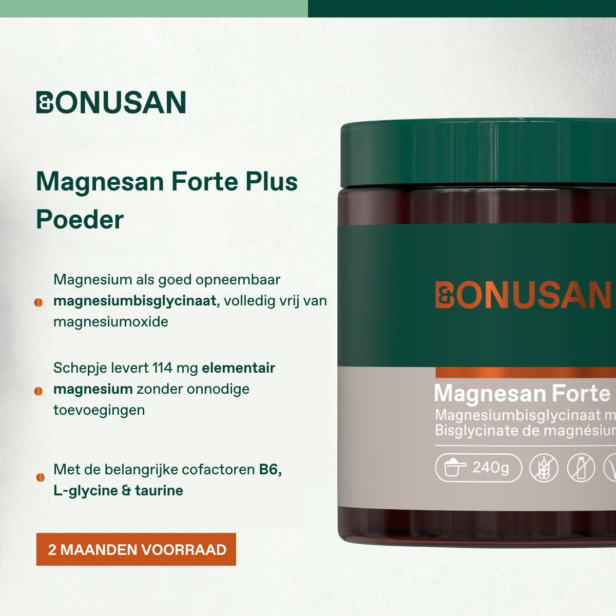 Pot marron avec couvercle vert. Inscription : Bonusan, Magnesan Forte Plus Poeder. Texte et logos.
