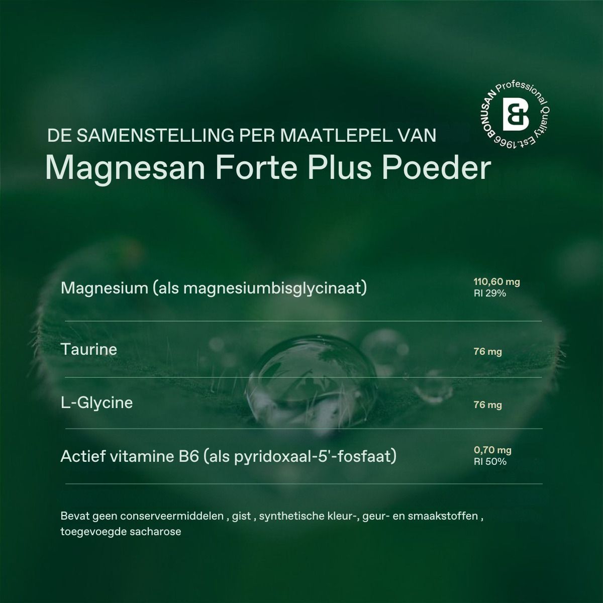 Fond vert avec texte et ingrédients de Magnesan Forte Plus Poeder. Gouttes et feuilles.