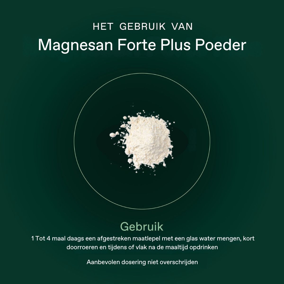 Fond vert avec texte et poudre. Texte sur l'utilisation de Magnesan Forte Plus Poeder.