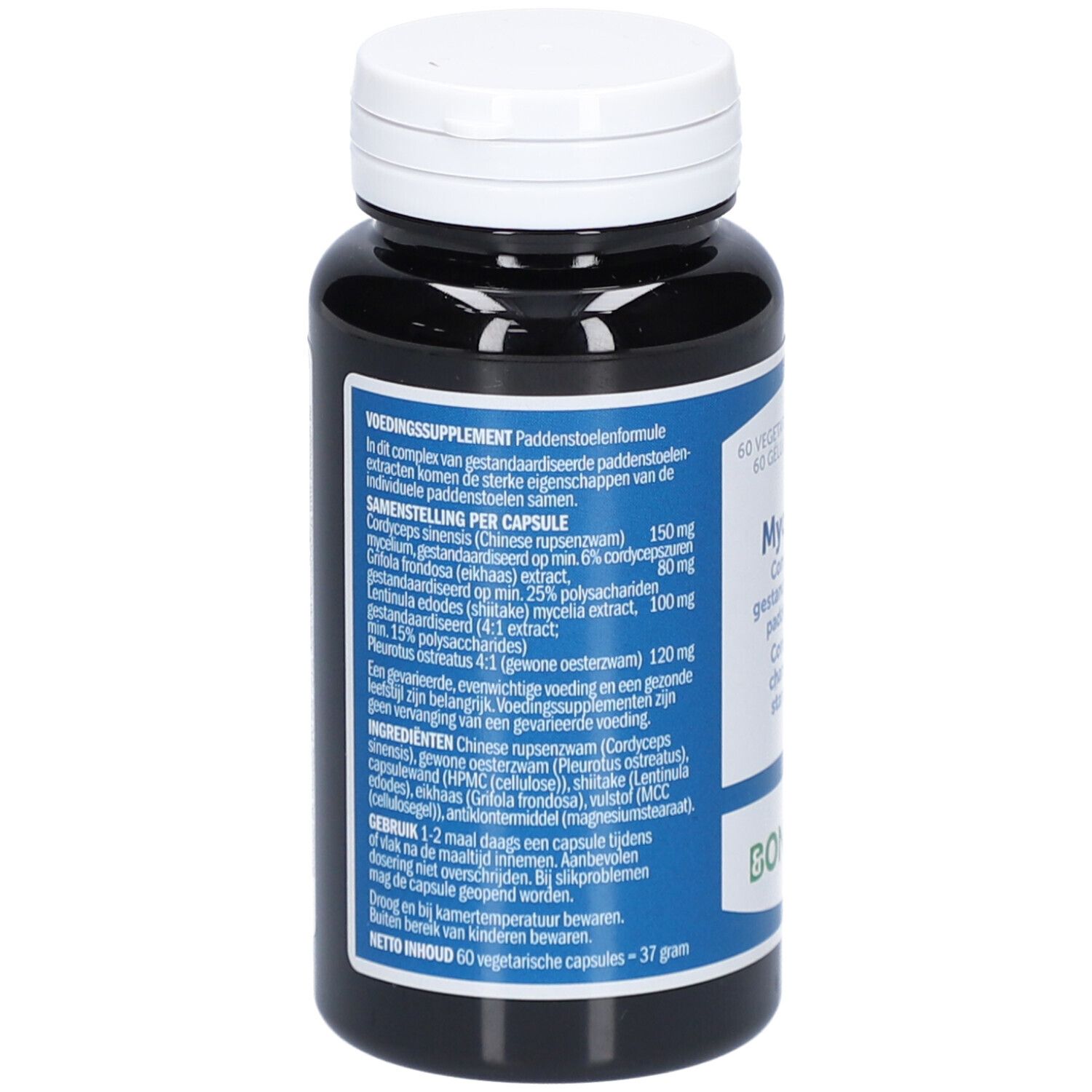 Dos du flacon. Étiquette avec ingrédients et dosage. Nom du produit Mycoplex. Logo Bonusan. 60 gélules végétales.