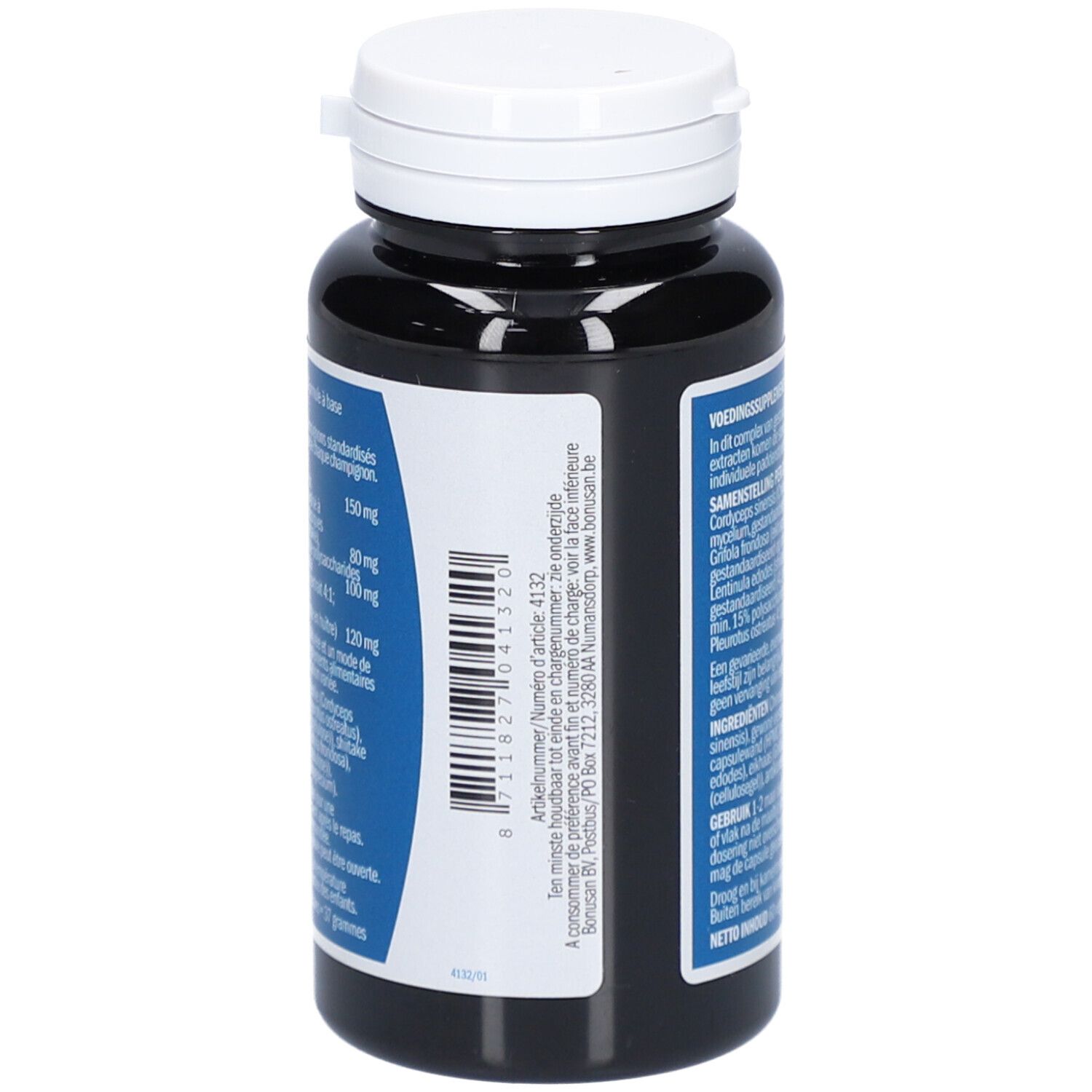 Dos du flacon. Étiquette avec ingrédients et dosage. Nom du produit Mycoplex. Logo Bonusan. 60 gélules végétales.