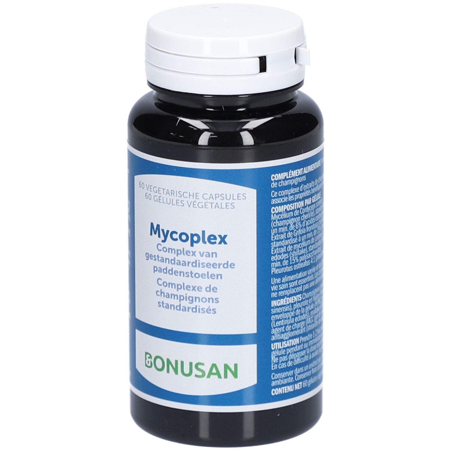 Flacon noir avec bouchon blanc. Étiquette avec nom du produit Mycoplex et logo Bonusan. 60 gélules végétales.