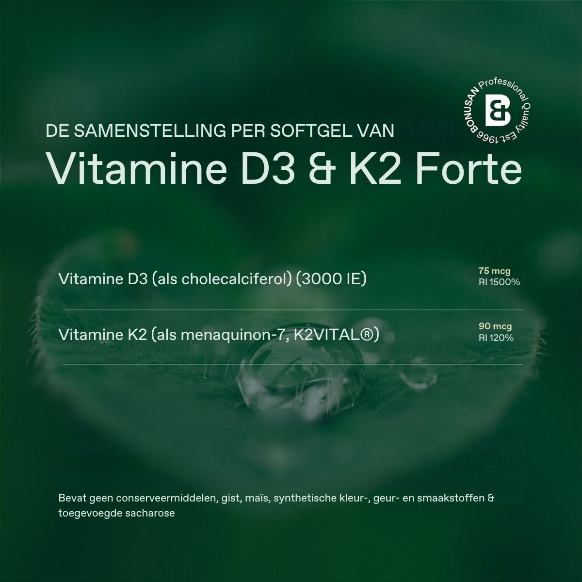 Gros plan d'une feuille. Texte: Composition par gélule de Vitamine D3 & K2 Forte.