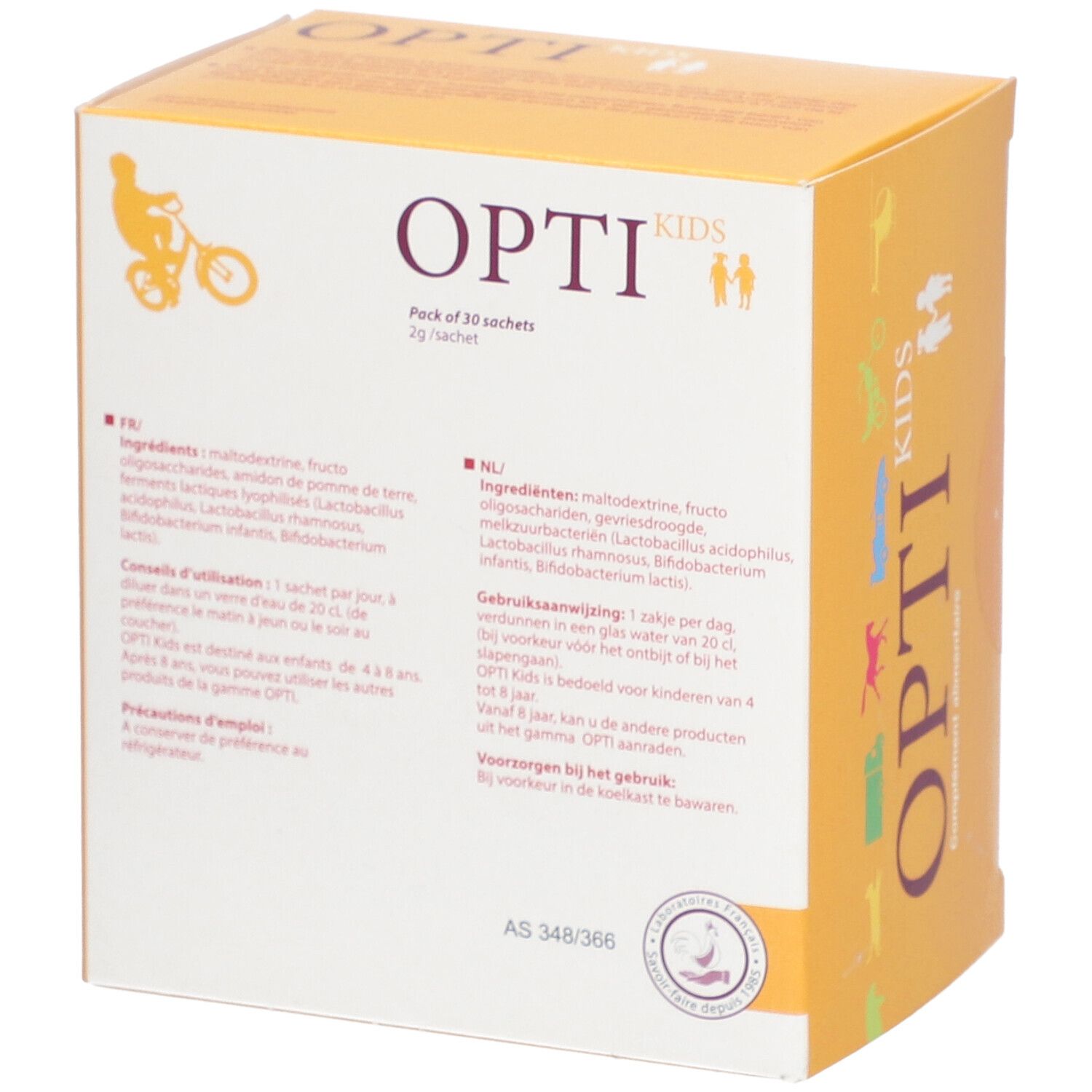 Boîte "OPTI KIDS" avec texte et logo. Contient 30 sachets. Texte en français et néerlandais.