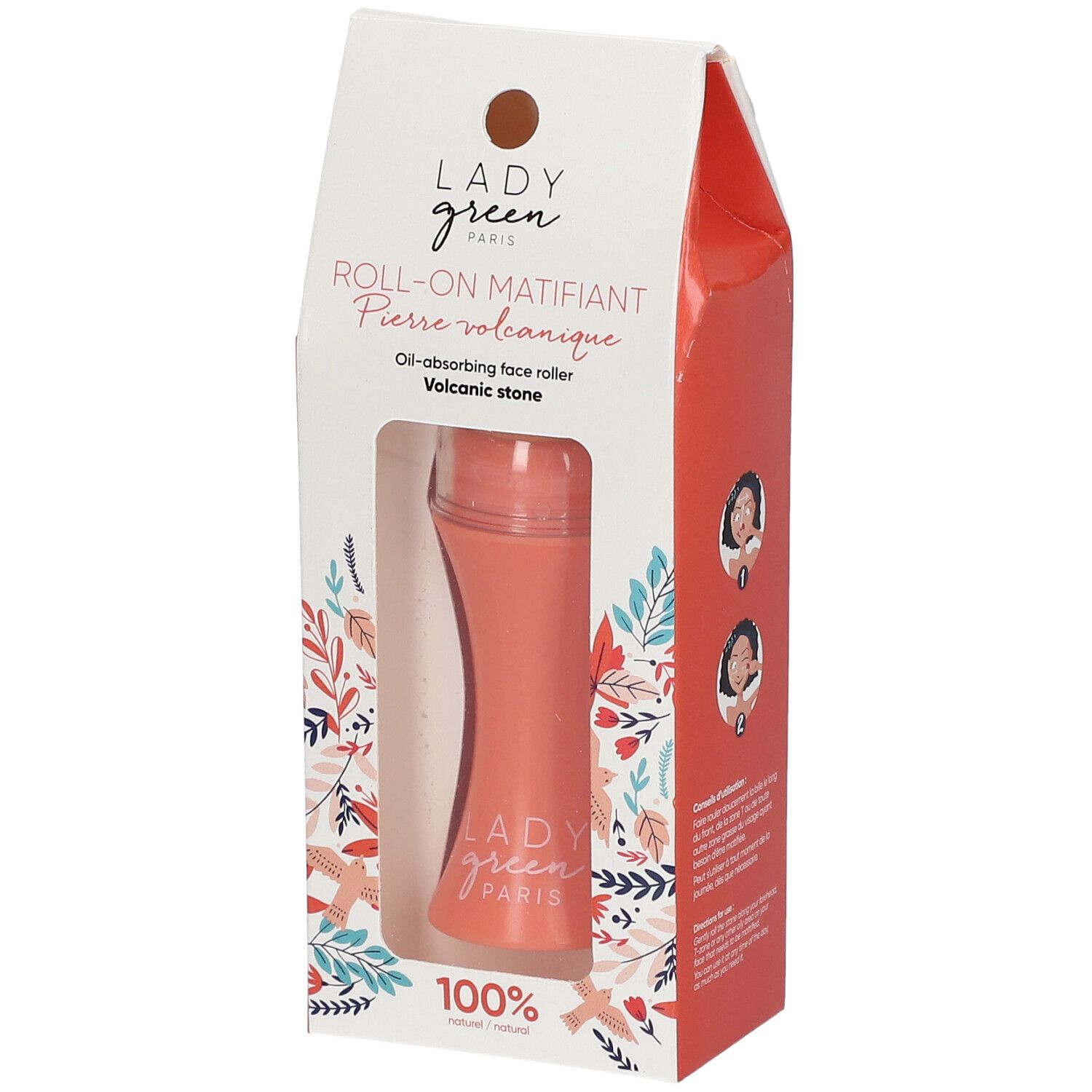Emballage avec roll-on volcanique. Visible : produit orange dans une boîte. Texte : LADY GREEN PARIS, Roll-on Matifiant.
