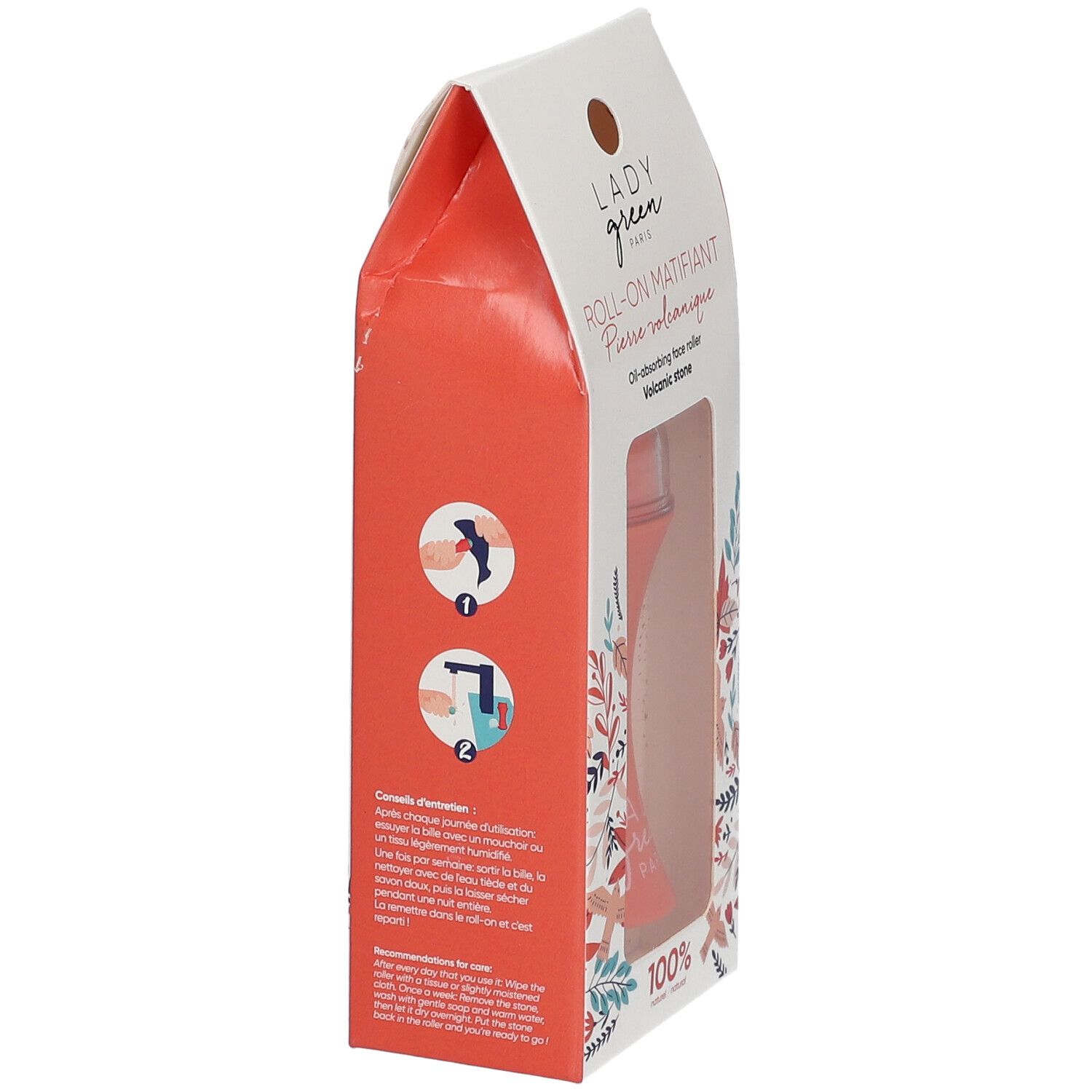 Vue latérale de l'emballage. Roll-on volcanique dans une boîte. Texte : LADY GREEN PARIS, Roll-on Matifiant. Illustrations d'utilisation.