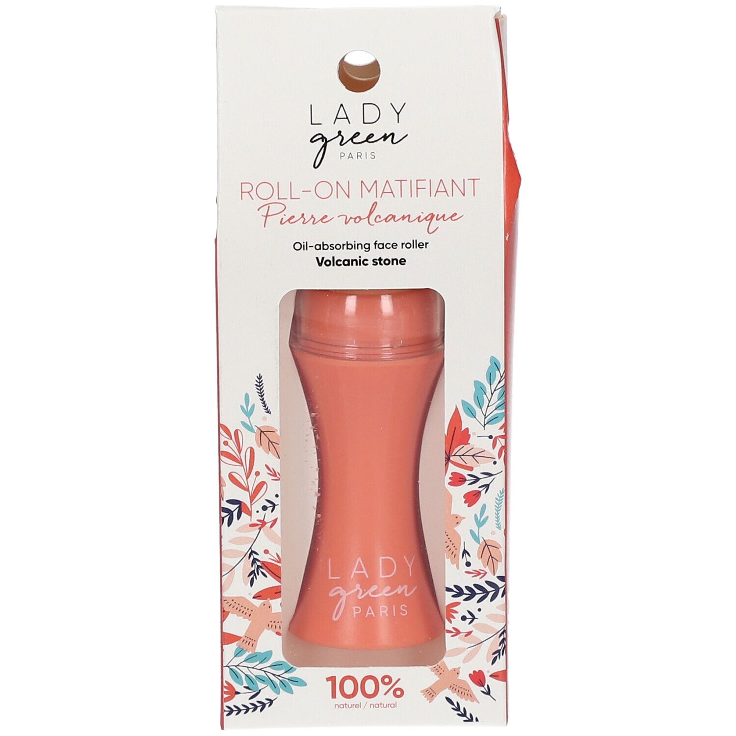 Roll-on volcanique dans son emballage. Produit orange. Texte : LADY GREEN PARIS, Roll-on Matifiant. 100% naturel.