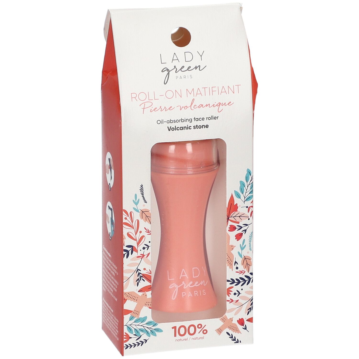 Roll-on volcanique dans son emballage. Produit orange. Texte : LADY GREEN PARIS, Roll-on Matifiant. 100% naturel.