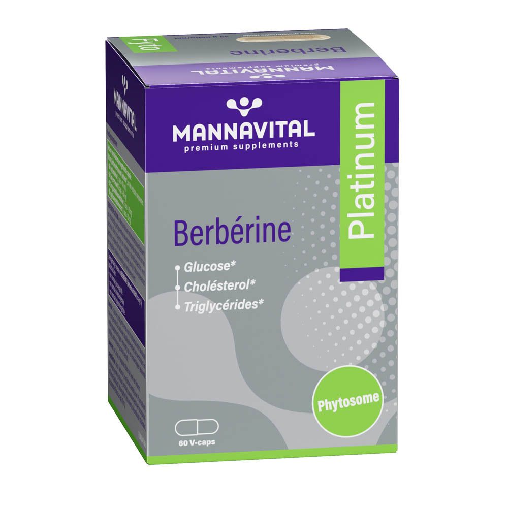 MANNAVITAL Berberine Platin. Boîte avec 60 V-caps. Inscription: Berberine, Glucose, Cholestérol, Triglycérides.