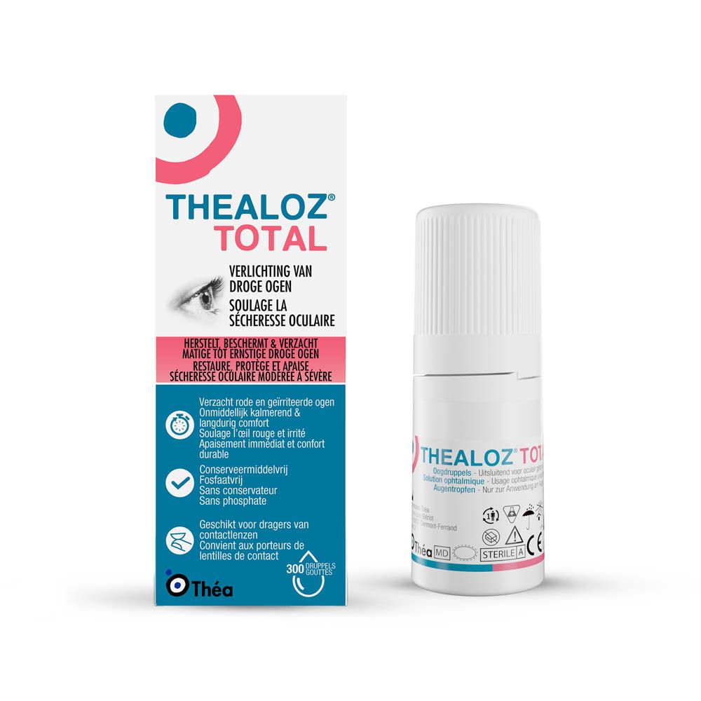 Flacon avec compte-gouttes. Inscription: THEALOZ TOTAL. Logos et symboles.