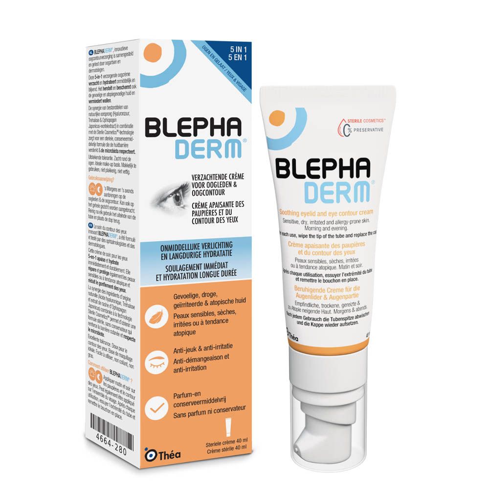 Tube de crème et boîte BLEPHA DERM. Tube et boîte blancs avec design bleu et orange. Inscription: BLEPHA DERM.