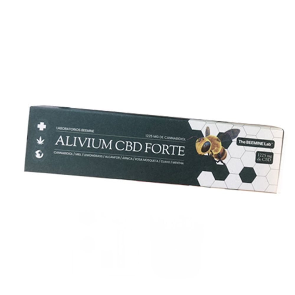 Emballage du produit Alivium CBD Forte. Marque : The Beemine Lab. Texte : 1225 mg de Cannabidiol.