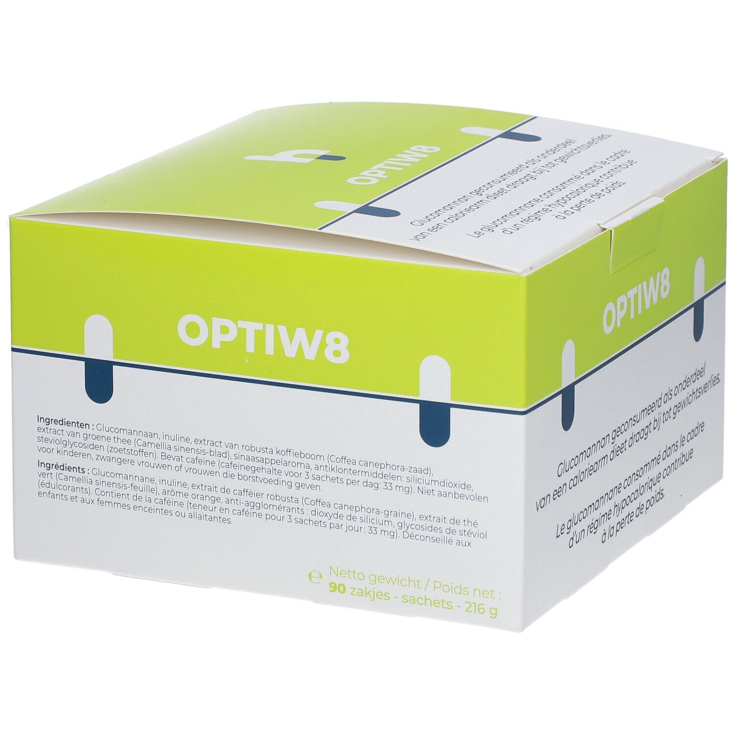 Boîte OPTIW8 avec ingrédients. Vert et blanc. Contient 90 sachets. Texte en néerlandais.
