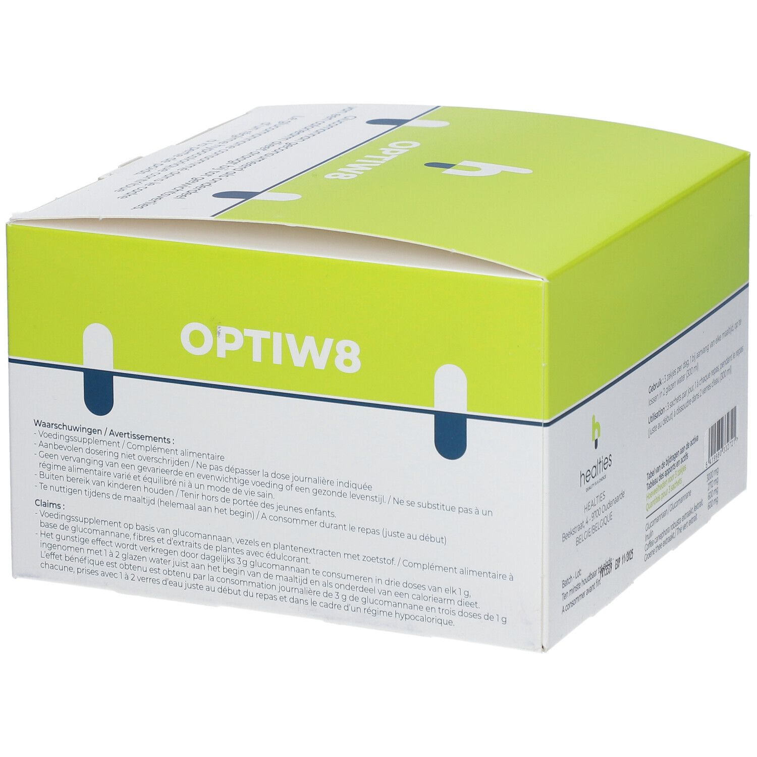 Boîte OPTIW8 avec avertissements. Vert et blanc. Texte en néerlandais. Signature du fabricant.