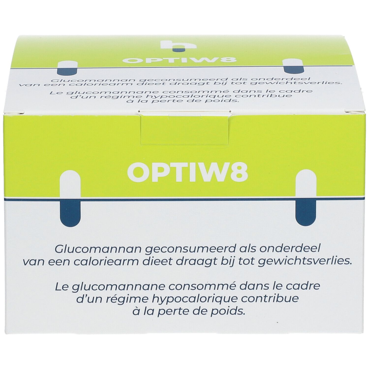 Boîte OPTIW8. Vert et blanc. Texte en néerlandais et français. Contribue à la perte de poids.