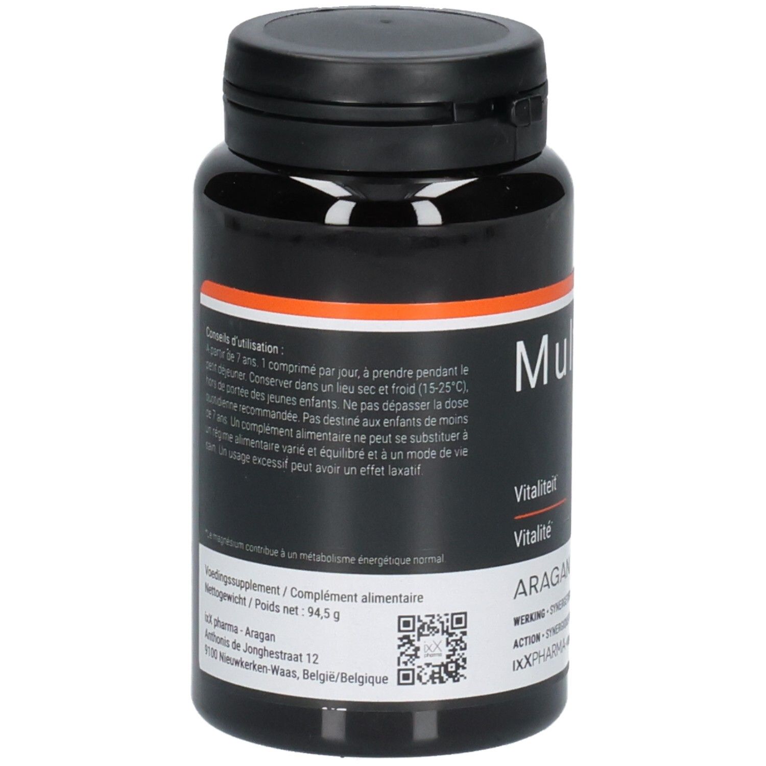 Flacon noir avec bouchon noir. Bande orange. Texte: Mult-ixX, Vitalité. Code QR et texte sur étiquette blanche.