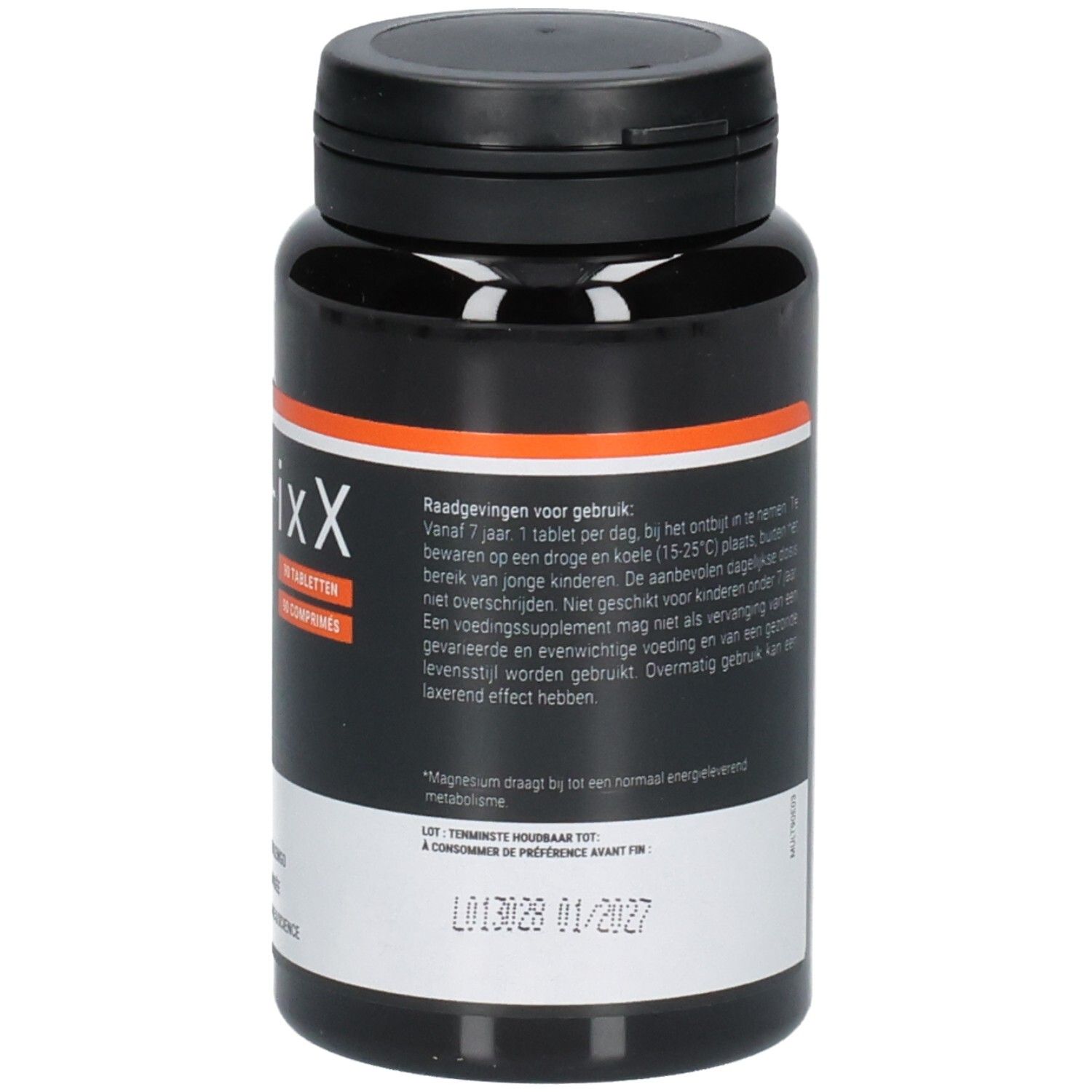 Flacon noir avec bouchon noir. Bande orange. Texte: Mult-ixX, comprimés. Indication de date.