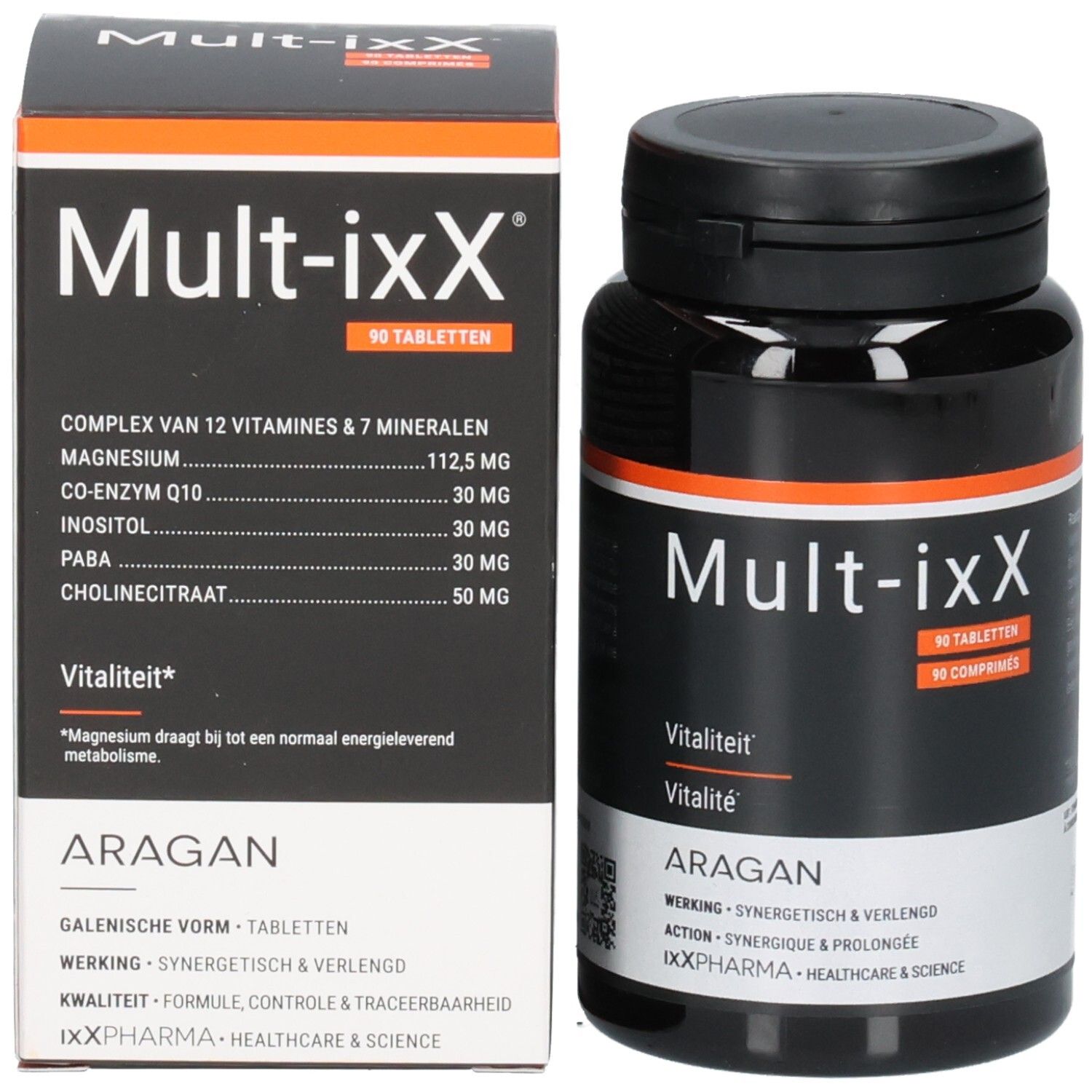 Emballage et flacon. Emballage: Mult-ixX, 90 comprimés. Flacon: Mult-ixX, Vitalité.