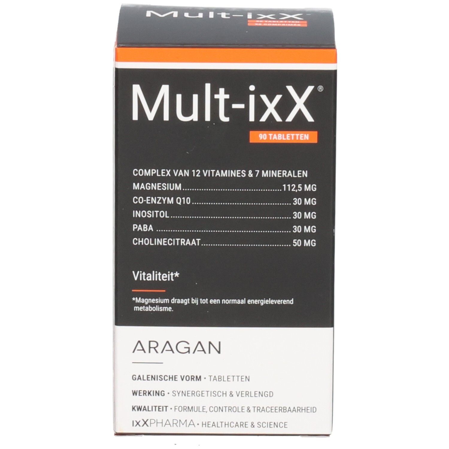 Emballage du produit. Texte: Mult-ixX, 90 comprimés. Ingrédients et informations sur fond blanc.