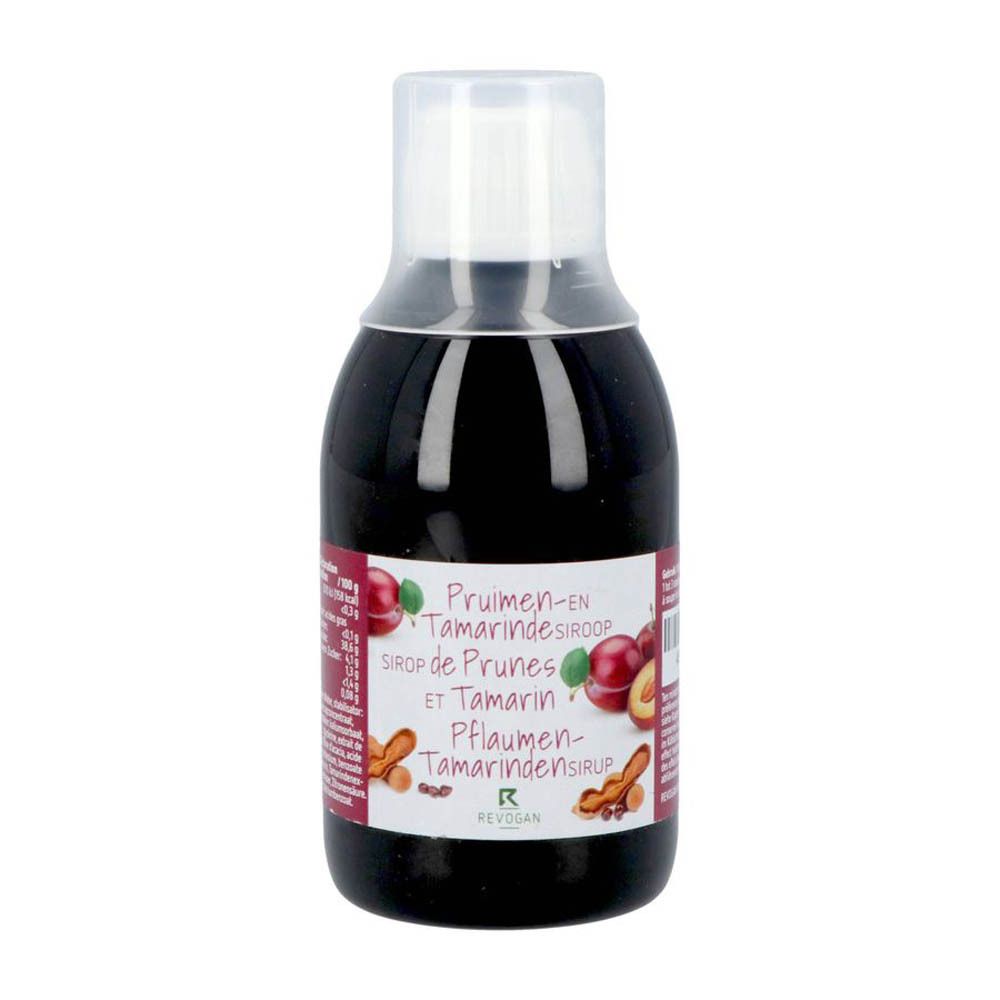 Bouteille de sirop, étiquette avec prunes et tamaris. "Sirop de Prunes et Tamarin".