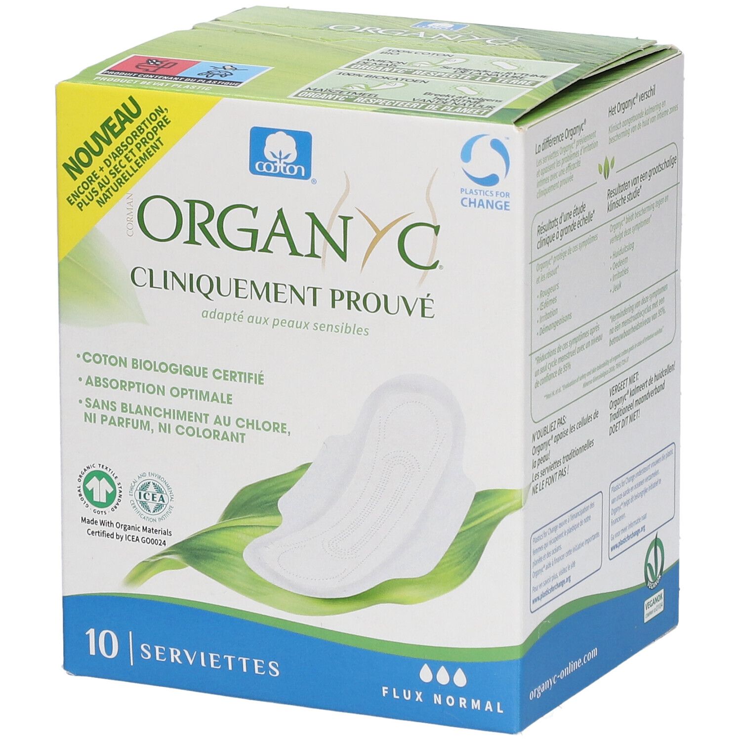 Boîte Organyc® de 10 serviettes. Cliniquement prouvé, pour peaux sensibles. Coton, absorption optimale, sans chlore, parfum, colorant.