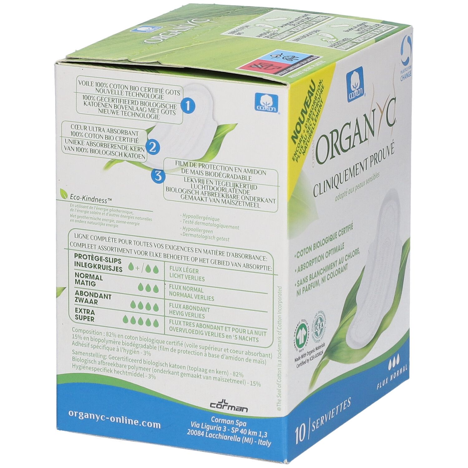 Boîte Organyc® de 10 serviettes. Cliniquement prouvé. Coton, absorption optimale. Emballage avec informations et certifications.
