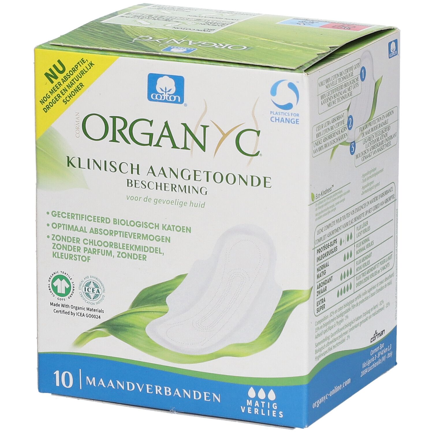 Boîte Organyc® de 10 serviettes. Cliniquement prouvé, pour peaux sensibles. Coton, absorption optimale, sans chlore, parfum, colorant.