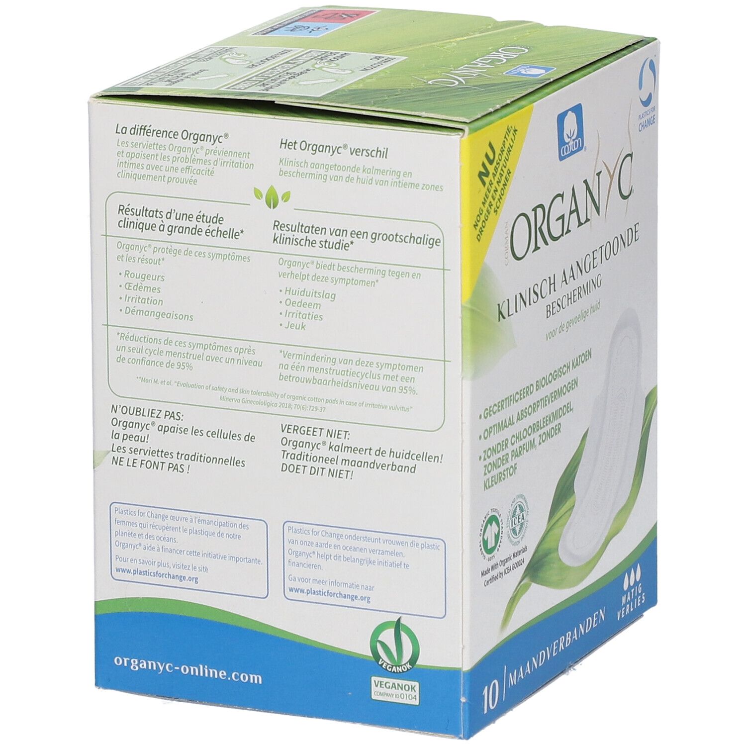 Boîte Organyc® de 10 serviettes. Informations sur l'emballage. Certifications et indications de durabilité.