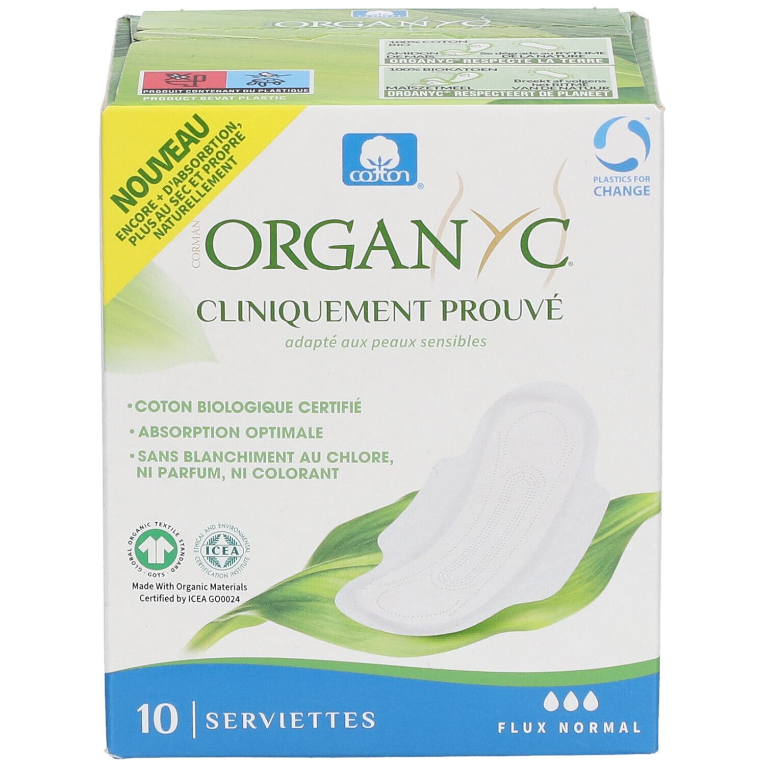 Boîte Organyc® de 10 serviettes. Cliniquement prouvé, pour peaux sensibles. Coton, absorption optimale, sans chlore, parfum, colorant.