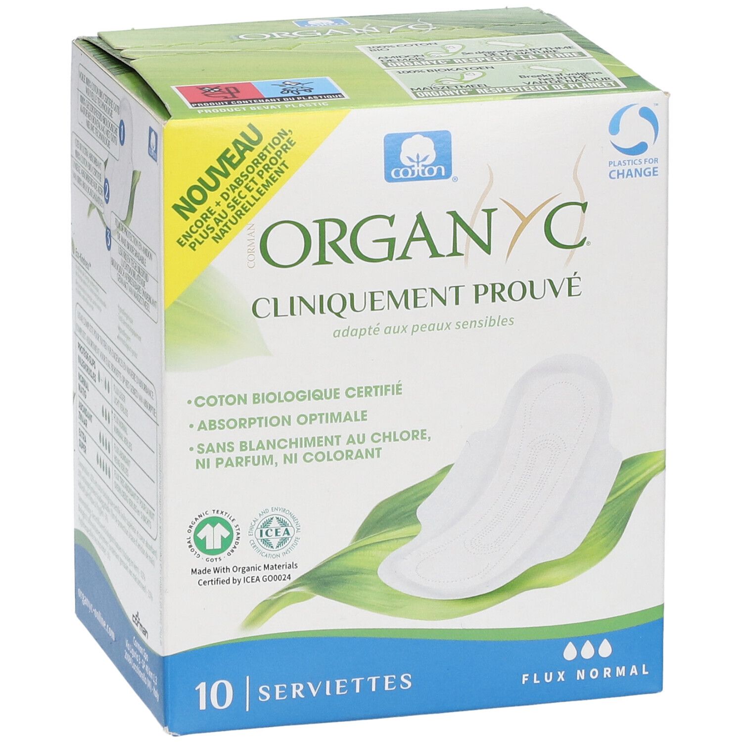 Boîte Organyc® de 10 serviettes. Cliniquement prouvé, pour peaux sensibles. Coton, absorption optimale, sans chlore, parfum, colorant.
