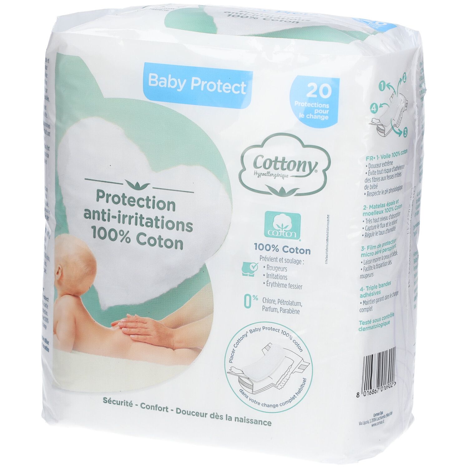 Paquet de protections anti-irritations Baby Protect, 100% coton. 20 pièces. Marque Cottony. Testé dermatologiquement.