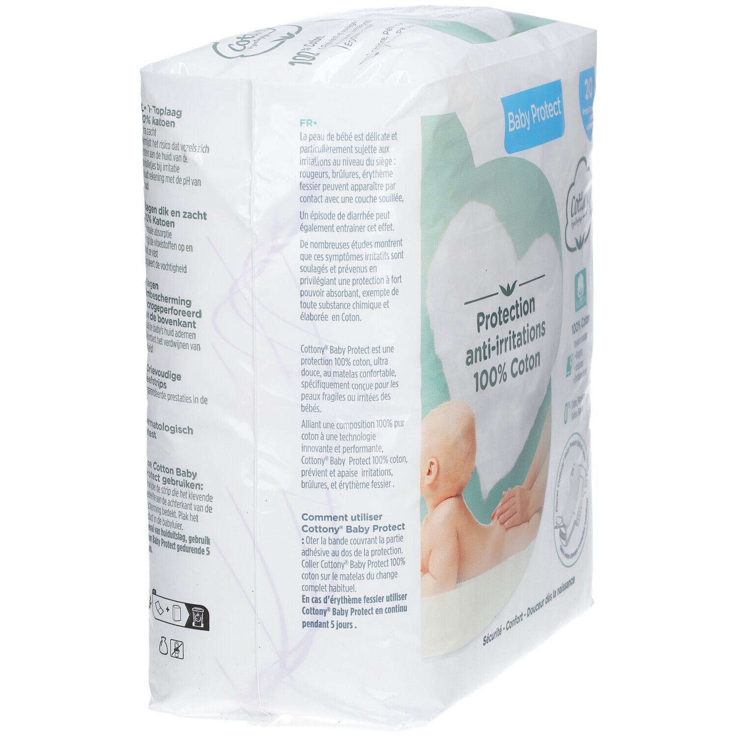 Paquet Baby Protect Protections anti-irritations. 100% coton. Marque Cottony. Testé dermatologiquement. Vue latérale.