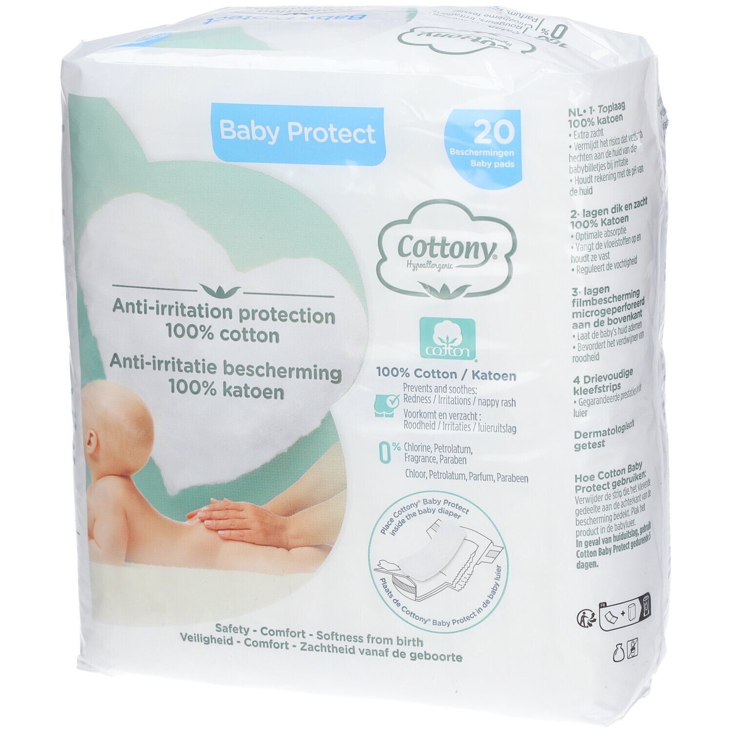 Paquet de protections anti-irritations Baby Protect, 100% coton. 20 pièces. Marque Cottony. Testé dermatologiquement.