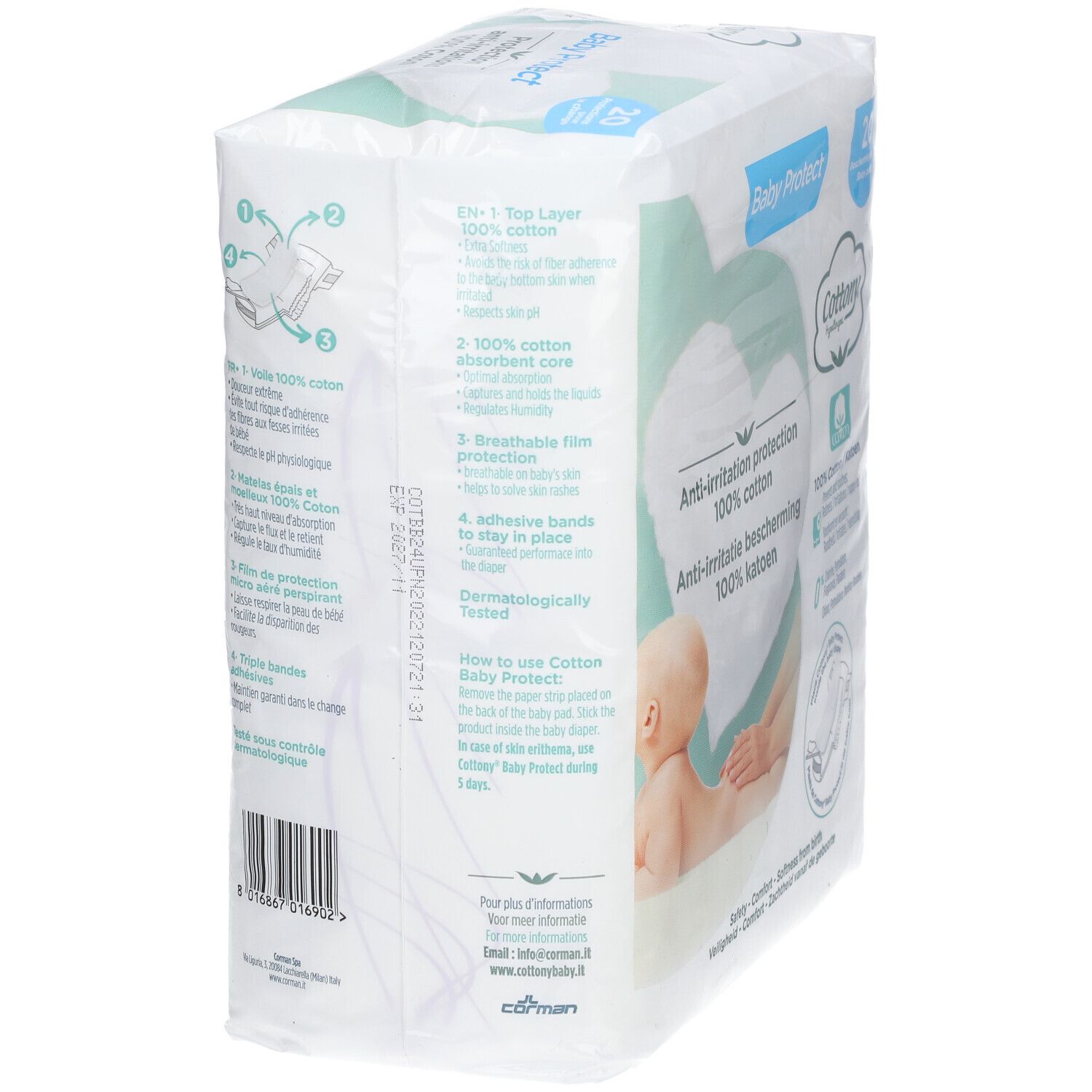 Paquet Baby Protect Protections anti-irritations. 100% coton. Marque Cottony. Testé dermatologiquement. Dos.