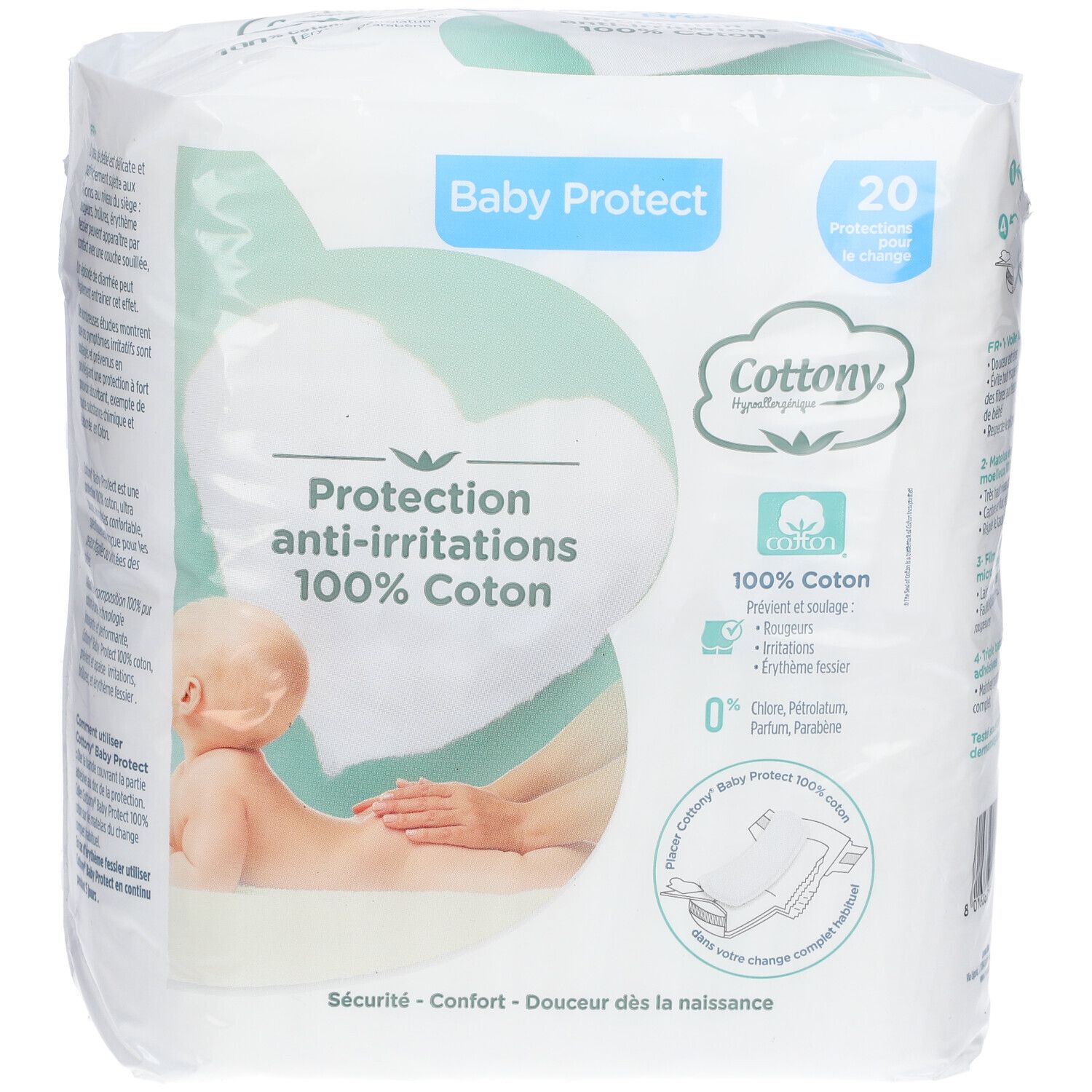 Paquet de protections anti-irritations Baby Protect, 100% coton. 20 pièces. Marque Cottony. Testé dermatologiquement.