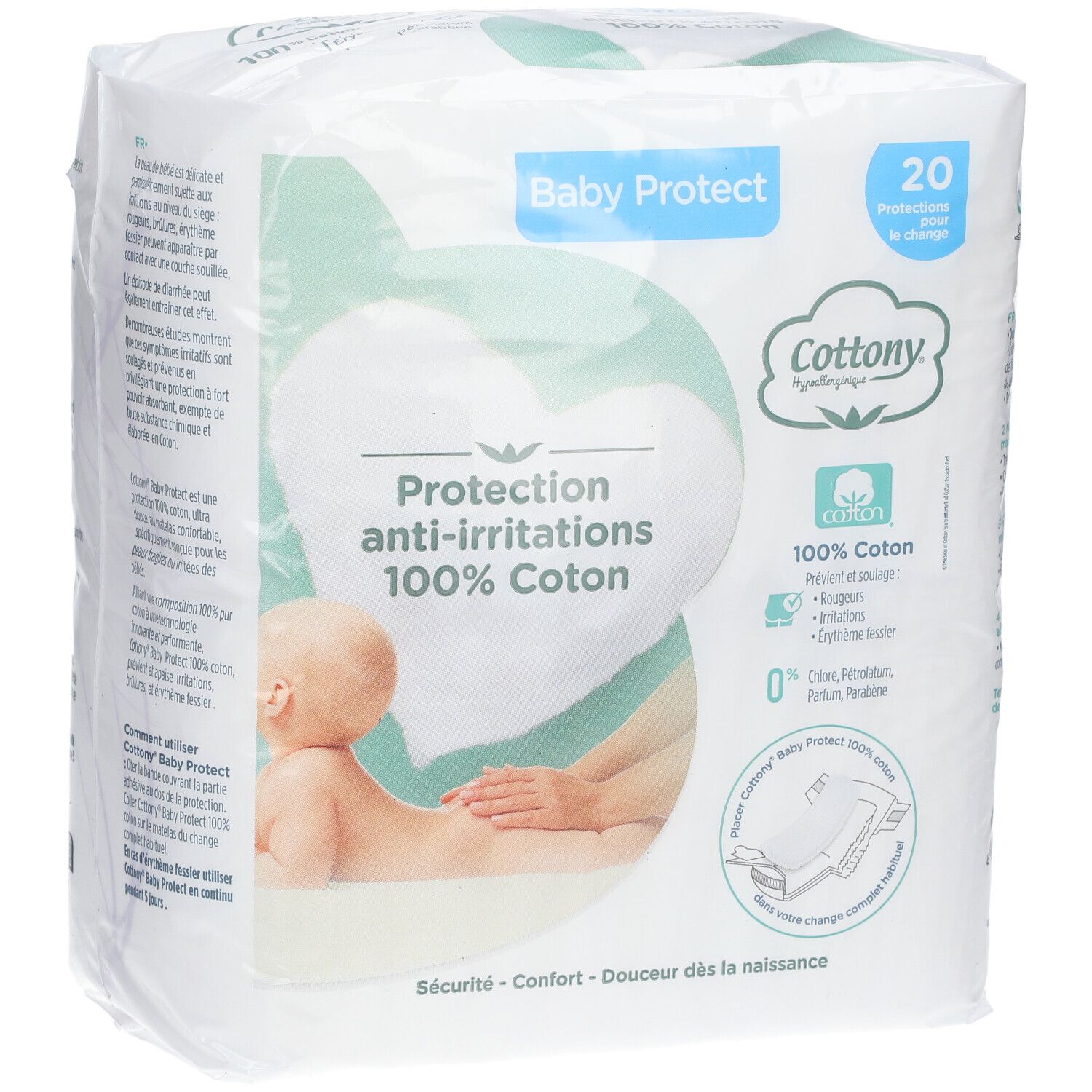 Paquet de protections anti-irritations Baby Protect, 100% coton. 20 pièces. Marque Cottony. Testé dermatologiquement.