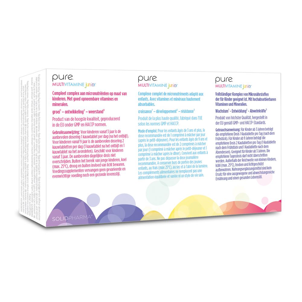 Dos de l'emballage Pure Multivitamine Junior. Texte multilingue. Illustrations colorées.