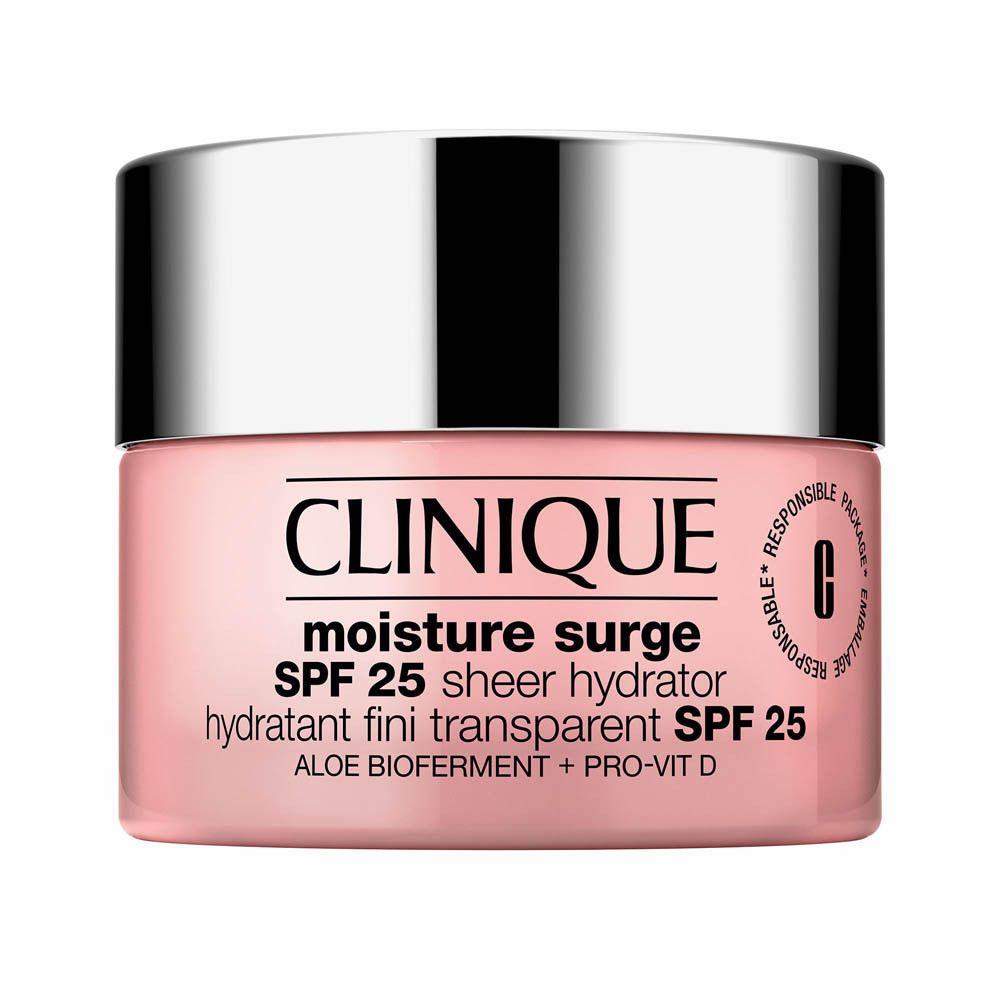 CLINIQUE Moisture Surge SPF 25 Sheer Hydrator dans un pot rose avec un couvercle argenté.