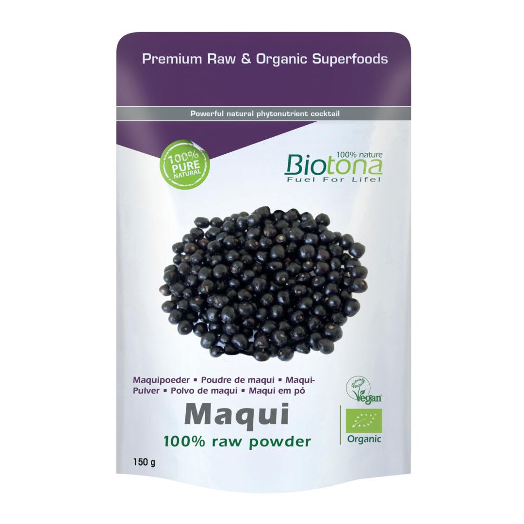 Sachet de poudre de maqui. Inscriptions: Biotona, 100% poudre brute, vegan, label bio. Contenu: 150 g.