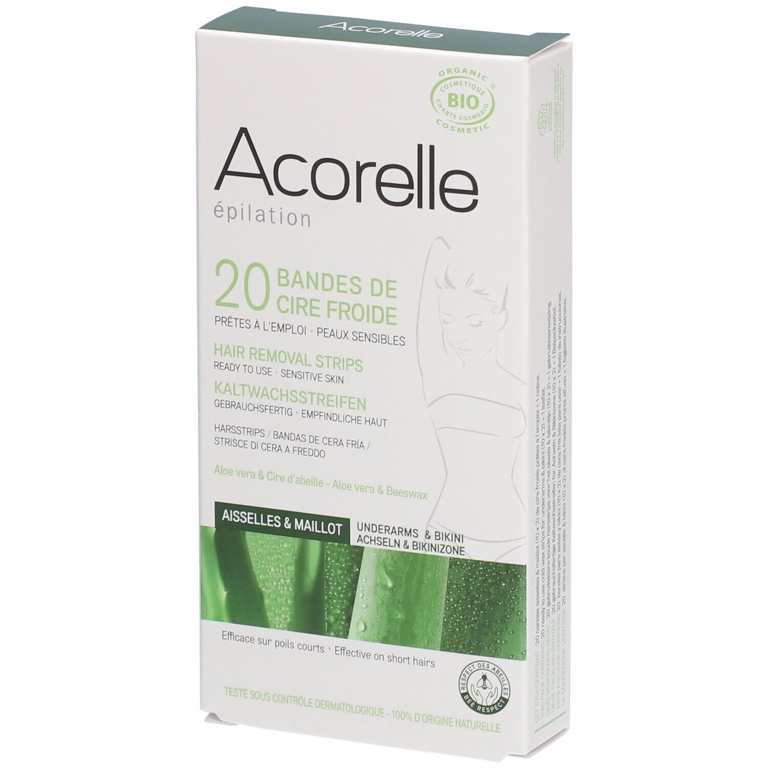 Bandes de cire froide Acorelle pour aisselles et maillot. 20 bandes. Boîte avec illustration du produit.