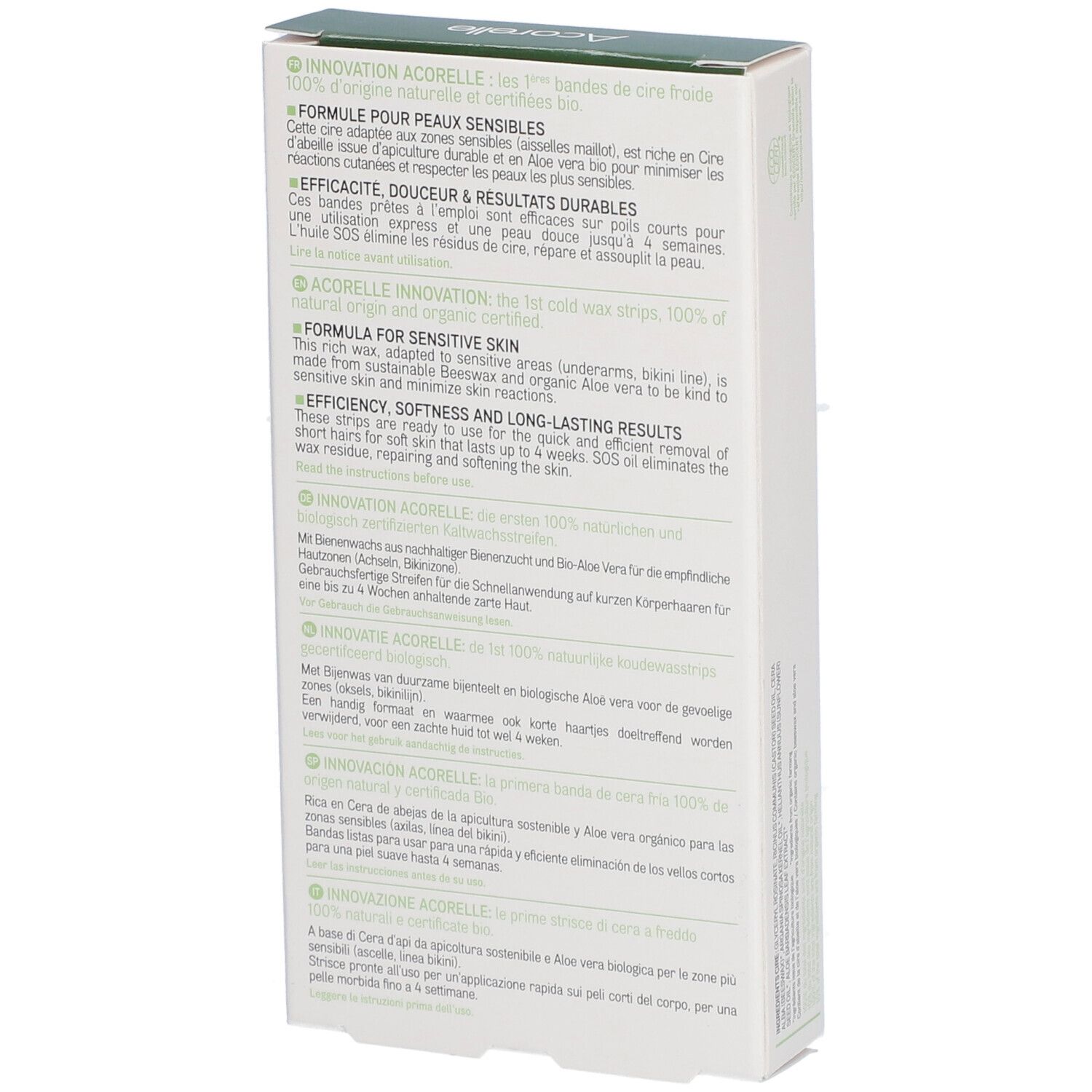 Dos de la boîte de bandes de cire froide Acorelle. Texte multilingue, informations produit.
