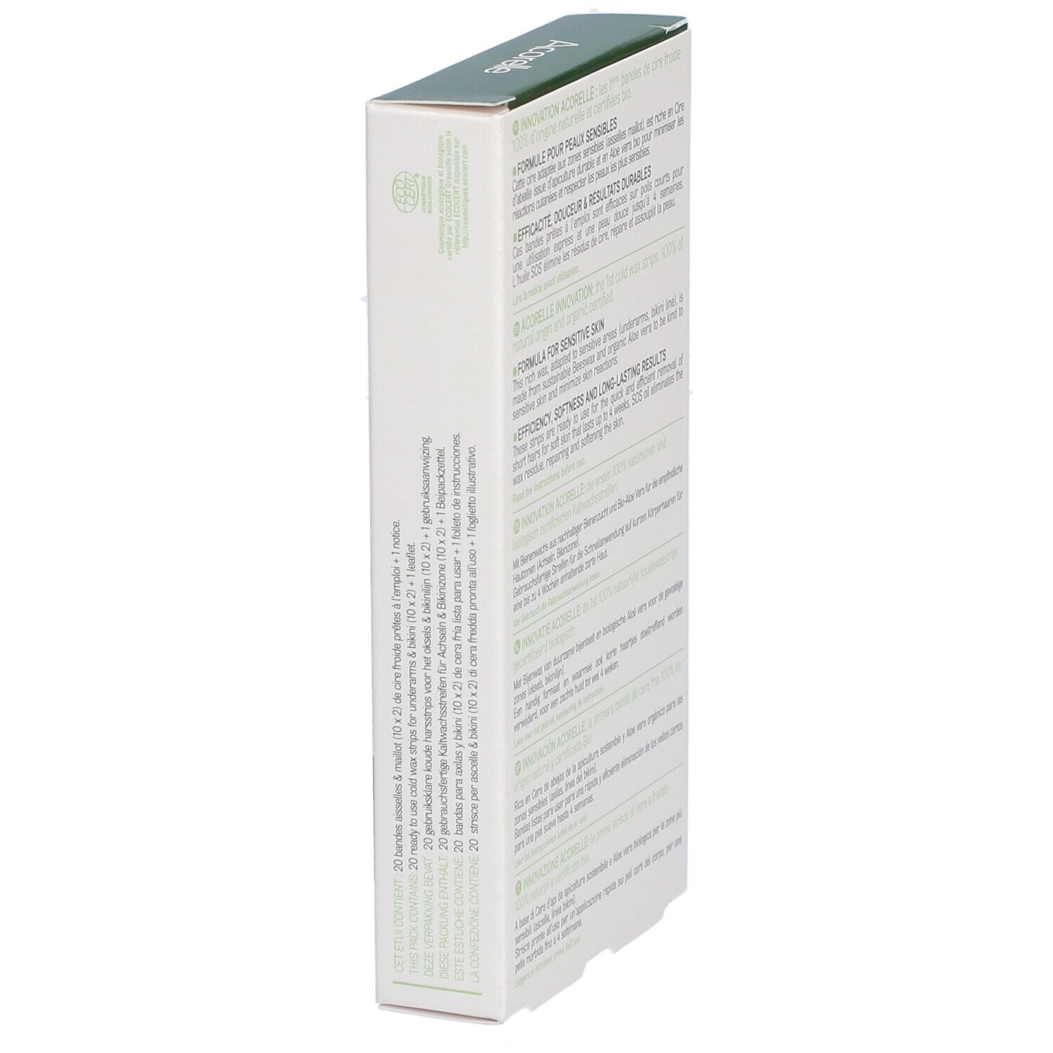 Boîte de bandes de cire froide Acorelle, vue latérale. Texte multilingue, informations produit.