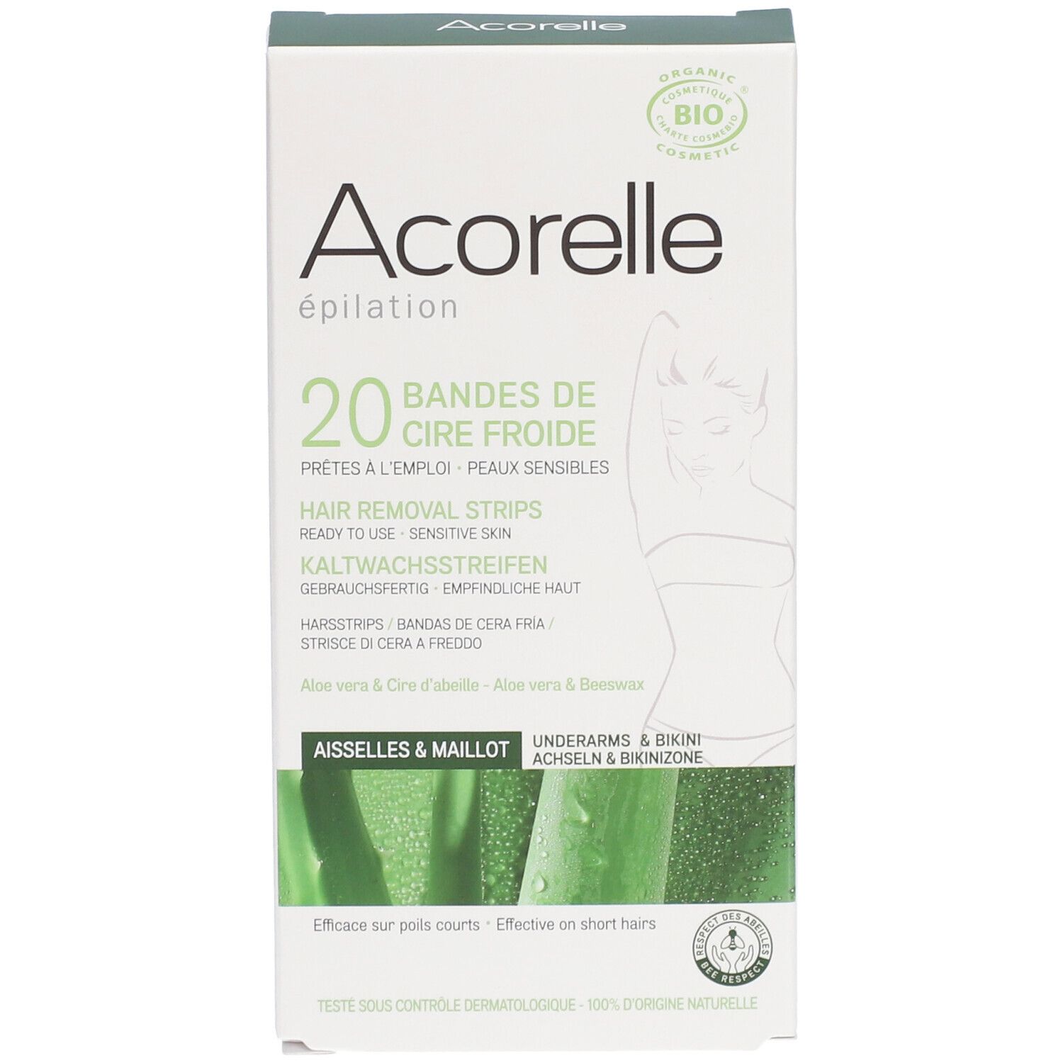 Bandes de cire froide Acorelle pour aisselles et maillot. 20 bandes. Boîte avec illustration du produit.