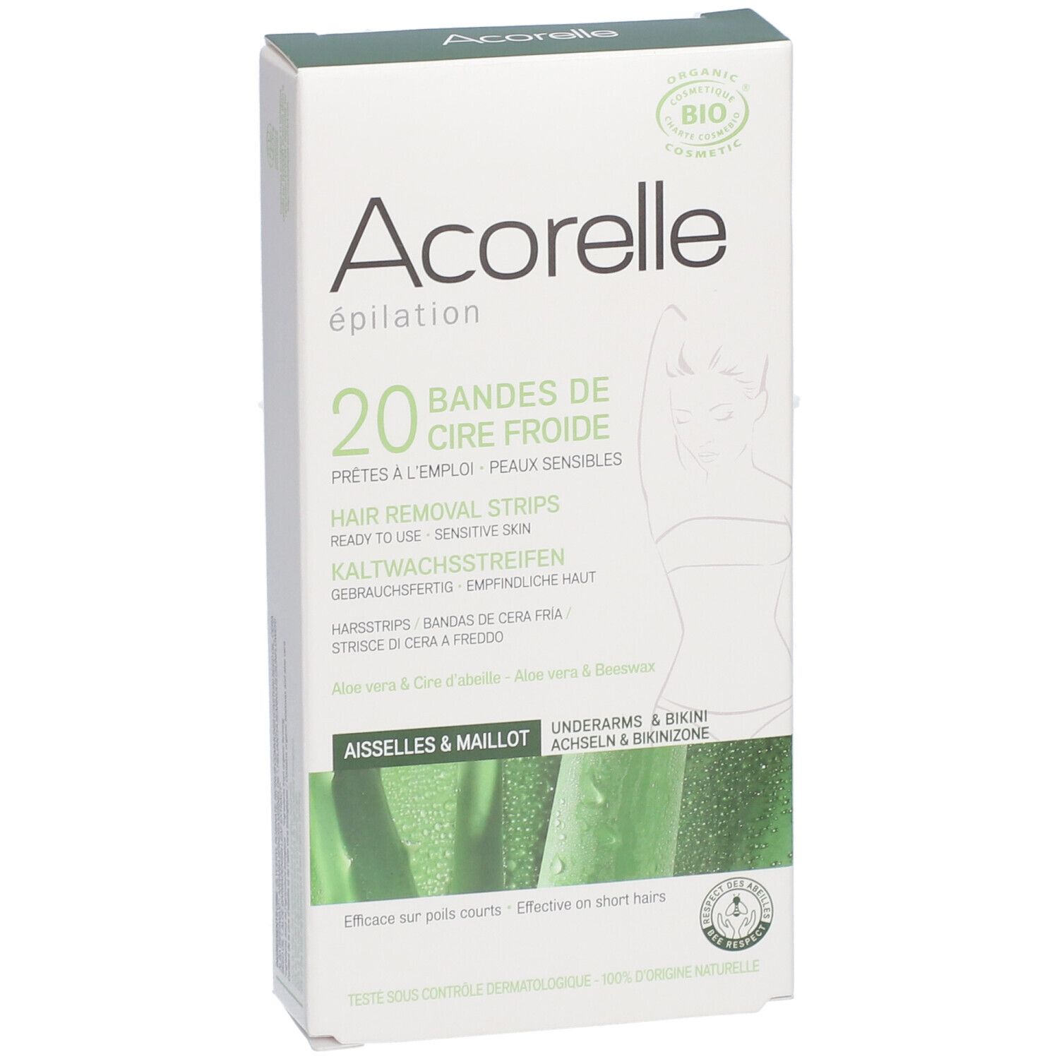 Bandes de cire froide Acorelle pour aisselles et maillot. 20 bandes. Boîte avec illustration du produit.