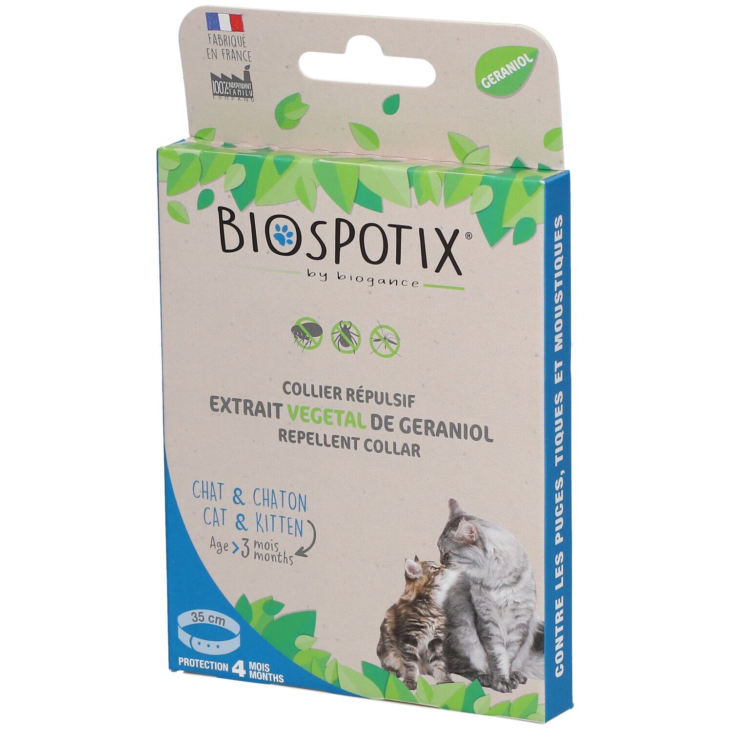 Boîte BIOSPOTIX Collier Répulsif. Texte: Extrait Végétal de Géraniol, Chat & Chaton. Image: Chat et chaton.