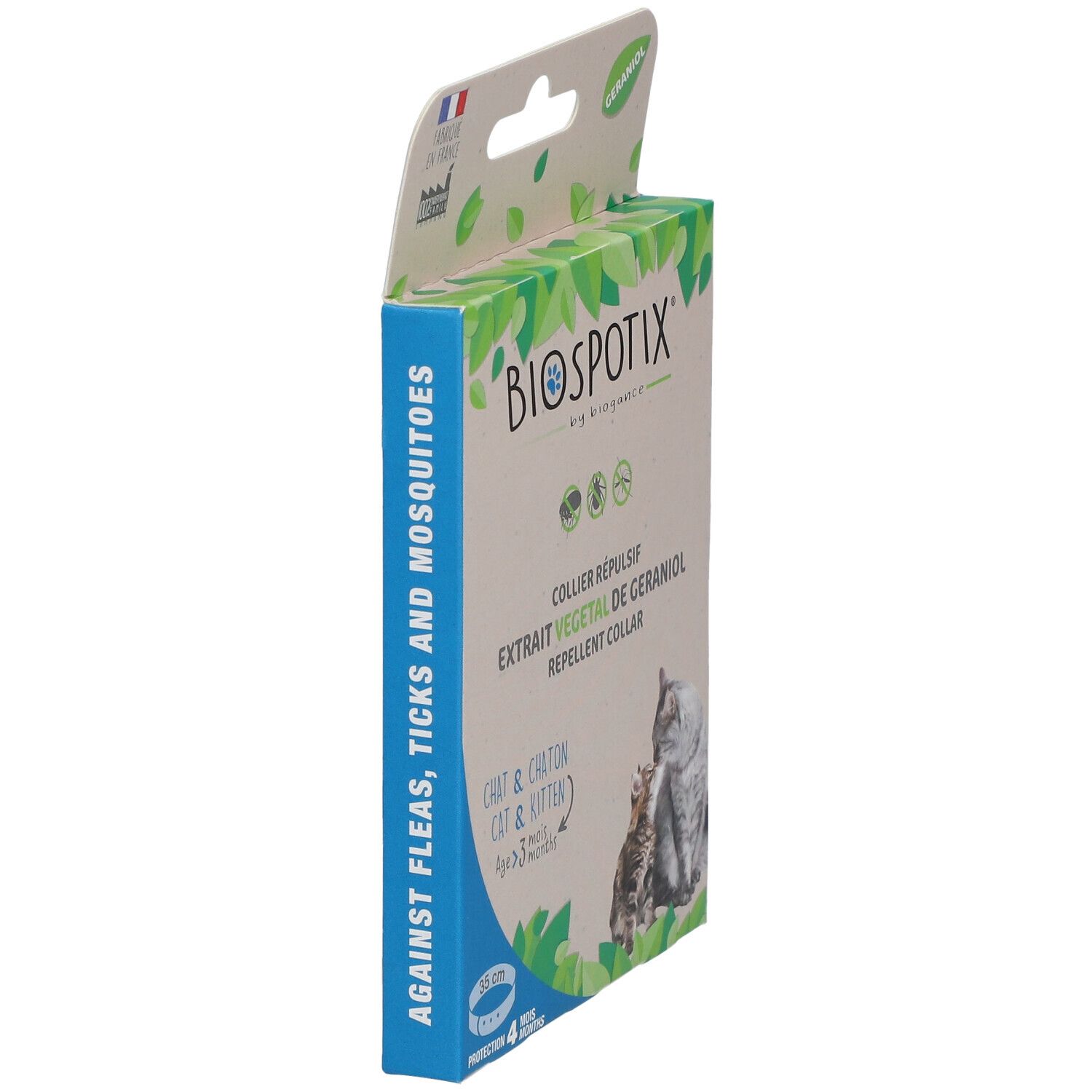 Vue latérale de la boîte BIOSPOTIX Collier Répulsif. Texte: Extrait Végétal de Géraniol, Chat & Chaton. Contre puces, tiques et moustiques.