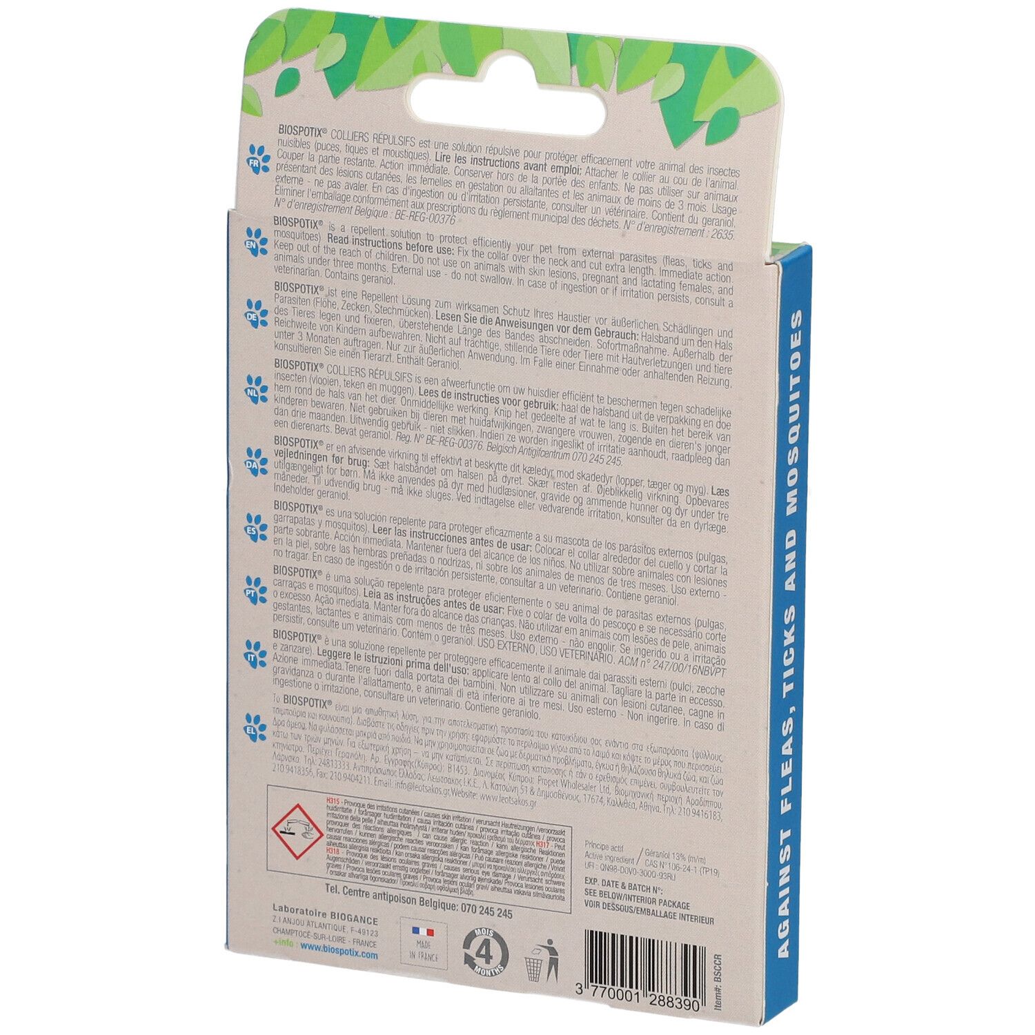 Dos de la boîte BIOSPOTIX Collier Répulsif. Texte et pictogrammes. Informations sur l'utilisation et les ingrédients.